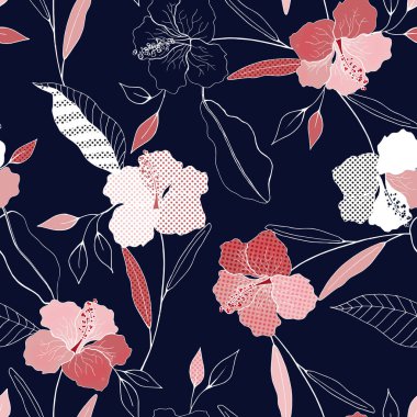 Tropical vector seamless flower and leaves pattern. Exotic background. Wallpaper. Blooming realistic isolated jungle plants, palm. Hand drawn bright illustration. clipart