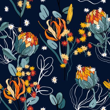 Trendy çiçek desenli. İzole seamless modeli. Antika arka plan. Duvar kağıdı. Elle çizilmiş. Vektör çizim.