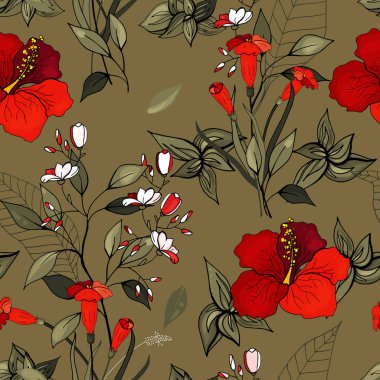 Retro vahşi sorunsuz çiçek deseni. Antika arka plan. Duvar kağıdı. Gerçekçi çiçek açan çiçekler izole. Elle çizilmiş. Vektör çizim.