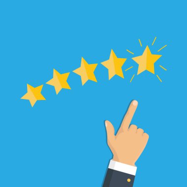 Derecelendirme seçimi parmak. İnsan elinin altın derecelendirme yıldızı koymak. Sırası. Beş yıldız. Vektör