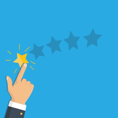 Derecelendirme seçimi parmak. İnsan elinin altın derecelendirme yıldızı koymak. Sırası. Beş yıldız. Vektör