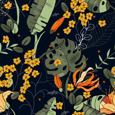 Retro vahşi sorunsuz çiçek deseni. Antika arka plan. Duvar kağıdı. Gerçekçi çiçek açan çiçekler izole. Elle çizilmiş. Vektör çizim.