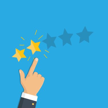 Derecelendirme seçimi parmak. İnsan elinin altın derecelendirme yıldızı koymak. Sırası. Beş yıldız. Vektör