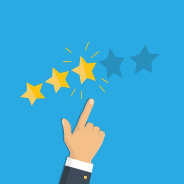 Derecelendirme seçimi parmak. İnsan elinin altın derecelendirme yıldızı koymak. Sırası. Beş yıldız. Vektör