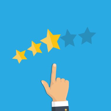 Derecelendirme seçimi parmak. İnsan elinin altın derecelendirme yıldızı koymak. Sırası. Beş yıldız. Vektör