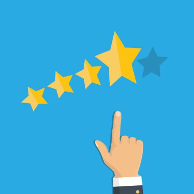 Derecelendirme seçimi parmak. İnsan elinin altın derecelendirme yıldızı koymak. Sırası. Beş yıldız. Vektör