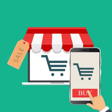 Sipariş olline. Vektör çizim. Çevrimiçi mağaza konsepti. Satılık, s