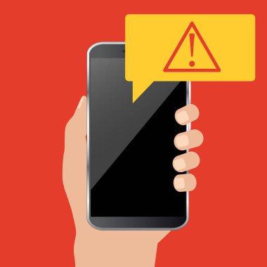 Kötü amaçlı yazılım bildirim kavram Smartphone cep telefonu ile. Kırmızı alarm, spam veri kavramı. Vektör