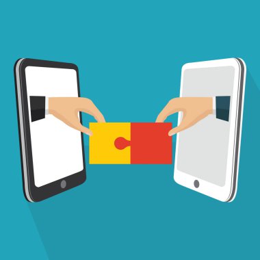 El sıkışma, iş ortaklığı. Başarı anlaşma, mutlu iş ortaklığı, anlaşma sembolü. Düz tasarım arka plan üzerinde izole. Vektör çizim.