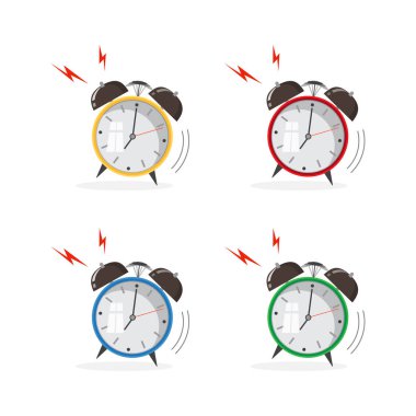 Çizgi film çalar saat çalıyor. Sabah kavramı uyandır. Düz tasarım. Arka plan üzerinde izole vektör simgesi