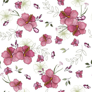 Trendy çiçek desenli. İzole seamless modeli. Antika arka plan. Duvar kağıdı. Elle çizilmiş. Vektör çizim.