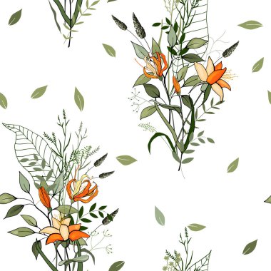 Retro vahşi sorunsuz çiçek deseni. Antika arka plan. Duvar kağıdı. Gerçekçi çiçek açan çiçekler izole. Elle çizilmiş. Vektör çizim.