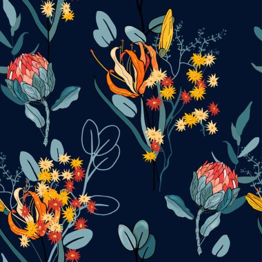 Retro vahşi sorunsuz çiçek deseni. Antika arka plan. Duvar kağıdı. Gerçekçi çiçek açan çiçekler izole. Elle çizilmiş. Vektör çizim.