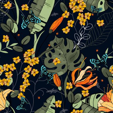 Retro vahşi sorunsuz çiçek deseni. Antika arka plan. Duvar kağıdı. Gerçekçi çiçek açan çiçekler izole. Elle çizilmiş. Vektör çizim.