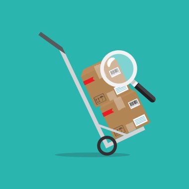 Parsel veya sipariş izleme kavramı. Parsel ambalaj kutusu barkod simgesi. Vektör çizim