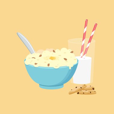 Oatmeals, sütlü yulaf pul. Sağlıklı kahvaltı. Vektör çizim