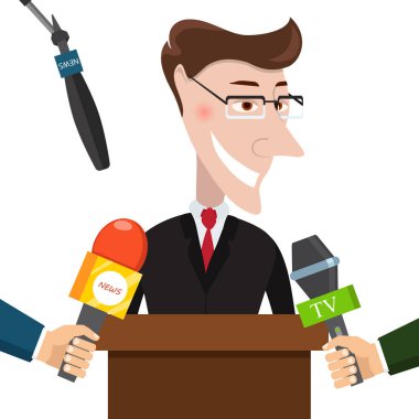İşadamı bir gazeteci röportaj verir. Basın toplantısı. Canlı raporu, canlı haber kavramı. Vektör çizim