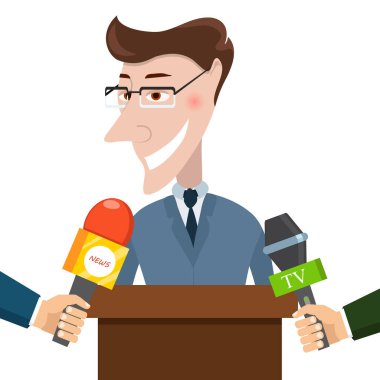 İşadamı bir gazeteci röportaj verir. Basın toplantısı. Canlı raporu, canlı haber kavramı. Vektör çizim
