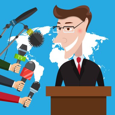 İşadamı bir gazeteci röportaj verir. Basın toplantısı. Canlı raporu, canlı haber kavramı. Vektör çizim