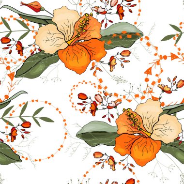 Çiçeği çiçek seamless modeli. Antika arka plan. Duvar kağıdı. Gerçekçi çiçek açan çiçekler izole. Elle çizilmiş. Vektör çizim.