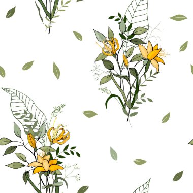 Botanik motifler. İzole sorunsuz çiçek deseni. Antika arka plan. Duvar kağıdı. Elle çizilmiş. Vektör çizim.