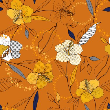 Çiçeği çiçek seamless modeli. Antika arka plan. Duvar kağıdı. Gerçekçi çiçek açan çiçekler izole. Elle çizilmiş. Vektör çizim.