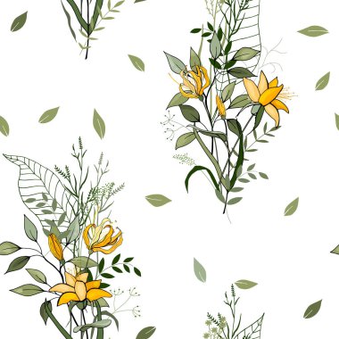 Çiçek açan çiçekler. Gerçekçi izole sorunsuz çiçek deseni. Antika arka plan. Duvar kağıdı. Elle çizilmiş. Vektör çizim.