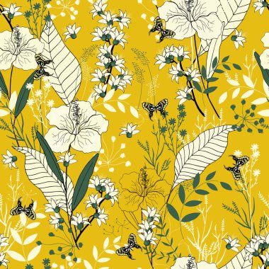 Çiçek açan çiçekler. Gerçekçi izole sorunsuz çiçek deseni. Antika arka plan. Duvar kağıdı. Elle çizilmiş. Vektör çizim.