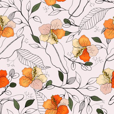 Çiçek açan çiçekler. Gerçekçi izole sorunsuz çiçek deseni. Antika arka plan. Duvar kağıdı. Elle çizilmiş. Vektör çizim.