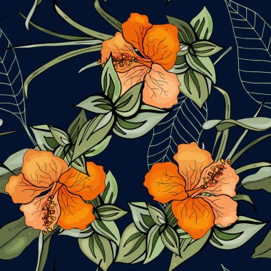 Tropikal vektör seamless çiçek ve yaprak modeli. Egzotik arka plan. Duvar kağıdı. Gerçekçi izole Orman bitkilerin çiçeklenme, palmiye. Elle çizilmiş parlak illüstrasyon.