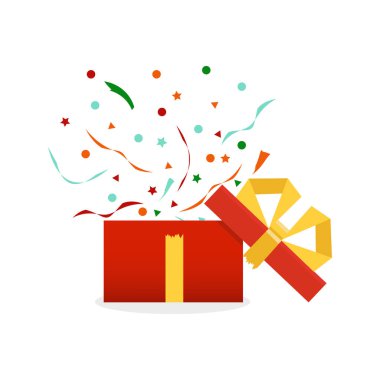 Mevcut zevk. Sürpriz kavramı. Hediye kutusu, doğumgünü paketi. Vektör çizim