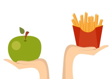 Doğru beslenme fast food ya da sebze. Sağlıklı beslenme kavramı. Vektör