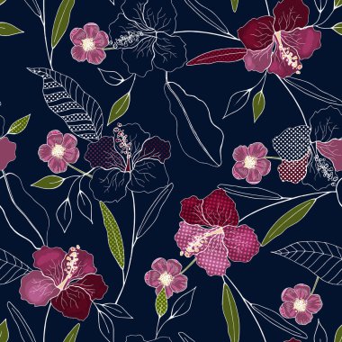 Trendy sorunsuz çiçek deseni. Antika arka plan. Duvar kağıdı. Gerçekçi çiçek açan çiçekler izole. Elle çizilmiş. Vektör çizim.