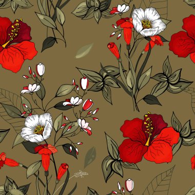 Retro vahşi sorunsuz çiçek deseni. Antika arka plan. Duvar kağıdı. Gerçekçi çiçek açan çiçekler izole. Elle çizilmiş. Vektör çizim.