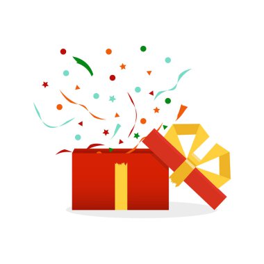 Mevcut zevk. Sürpriz kavramı. Hediye kutusu, doğumgünü paketi. Vektör çizim