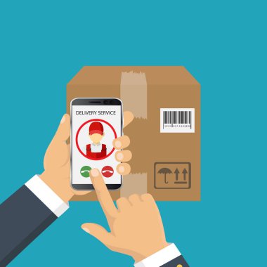 Kurye teslim Servisi. Kurye simgesi ve parsel kutusu. Nakliye kavramı. Vektör çizim