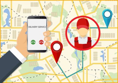 Kurye teslim Servisi. Kurye simgesi ve parsel kutusu. Nakliye kavramı. Vektör çizim