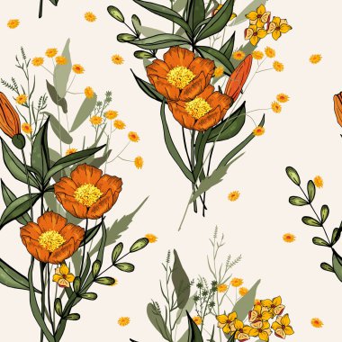 Trendy çiçek desenli. İzole seamless modeli. Antika arka plan. Duvar kağıdı. Elle çizilmiş. Vektör çizim.