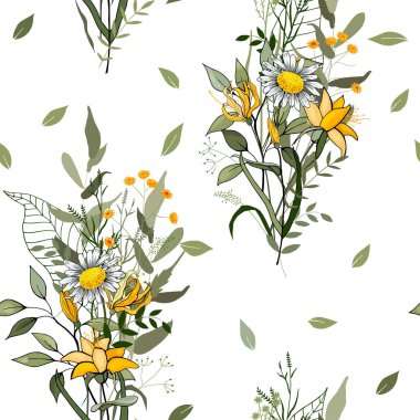 Retro vahşi sorunsuz çiçek deseni. Antika arka plan. Duvar kağıdı. Gerçekçi çiçek açan çiçekler izole. Elle çizilmiş. Vektör çizim.