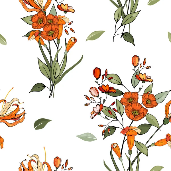 Retro vahşi sorunsuz çiçek deseni. Antika arka plan. Duvar kağıdı. Gerçekçi çiçek açan çiçekler izole. Elle çizilmiş. Vektör çizim.