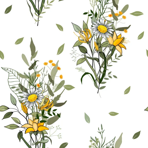 Retro vahşi sorunsuz çiçek deseni. Antika arka plan. Duvar kağıdı. Gerçekçi çiçek açan çiçekler izole. Elle çizilmiş. Vektör çizim.