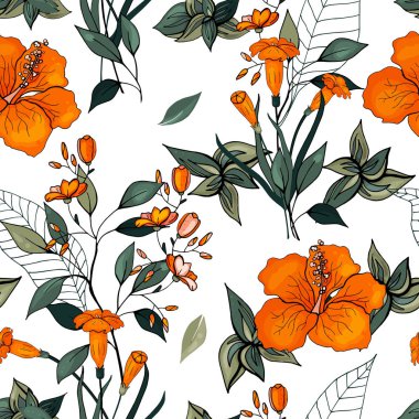 Çiçek açan çiçekler. Gerçekçi izole sorunsuz çiçek deseni. Antika arka plan. Duvar kağıdı. Elle çizilmiş. Vektör çizim.