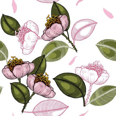 Çiçek açan çiçekler. Gerçekçi izole sorunsuz çiçek deseni. Antika arka plan. Duvar kağıdı. Elle çizilmiş. Vektör çizim.