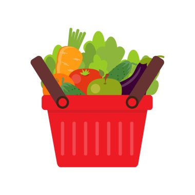 Alışveriş sepeti taze sebze ile. Sağlıklı yaşam tarzı, vegan, vejetaryen kavramı. Taze organik gıda. Vektör