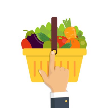 Alışveriş sepeti taze sebze ile. Sağlıklı yaşam tarzı, vegan, vejetaryen kavramı. Taze organik gıda. Vektör