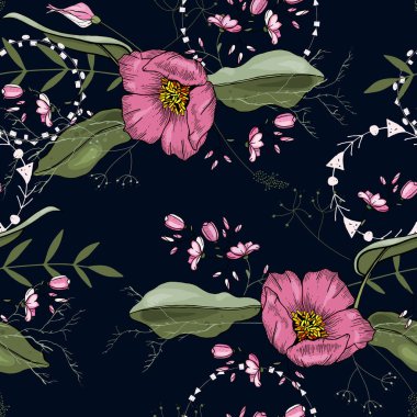 Retro vahşi sorunsuz çiçek deseni. Antika arka plan. Duvar kağıdı. Gerçekçi çiçek açan çiçekler izole. Elle çizilmiş. Vektör çizim.