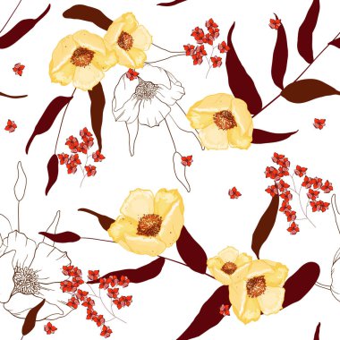 Trendy çiçek desenli. İzole seamless modeli. Antika arka plan. Duvar kağıdı. Elle çizilmiş. Vektör çizim.