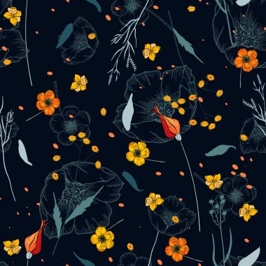 Trendy sorunsuz çiçek deseni. Antika arka plan. Duvar kağıdı. Gerçekçi çiçek açan çiçekler izole. Elle çizilmiş. Vektör çizim.