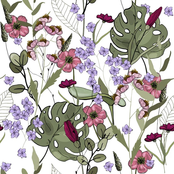 Fleurir Motif Floral Sans Couture Fond Vintage Papier Peint Floraison — Image vectorielle