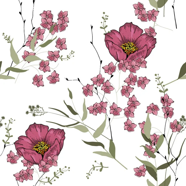 Retro Wildes Nahtloses Blumenmuster Vintage Hintergrund Tapete Blühende Realistische Isolierte — Stockvektor